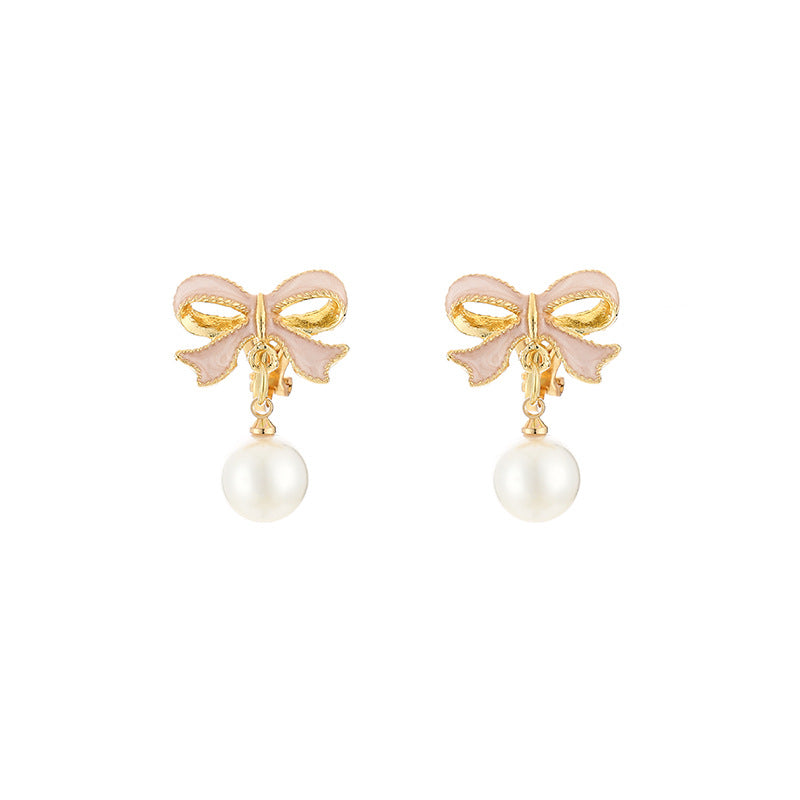 Girls Bowknot & Faux Pearl Earrings Ear Clip For Kids