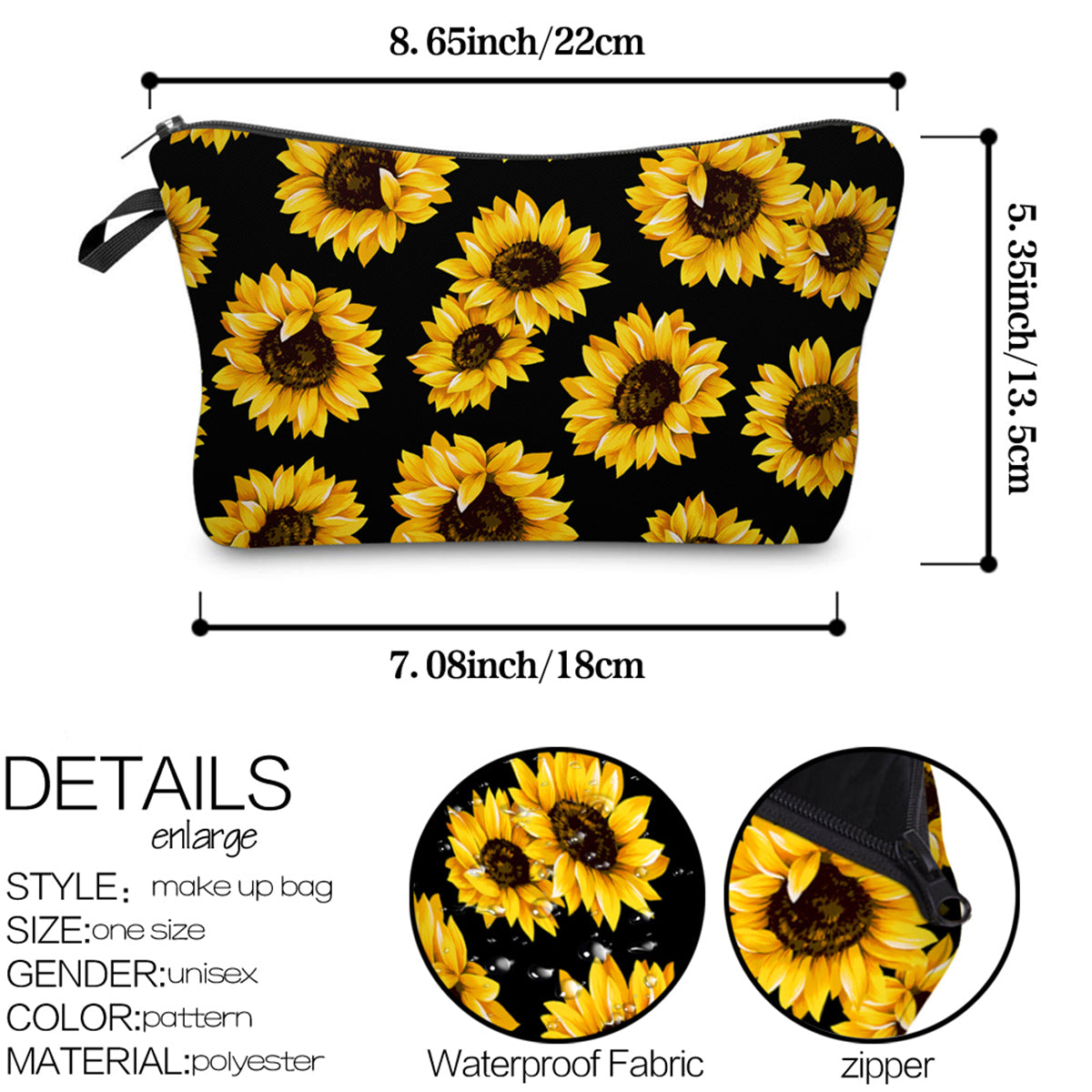 Waterproof Sunflower Makeup Bag Zipper Clutch Organizer Toiletry Storage Travel