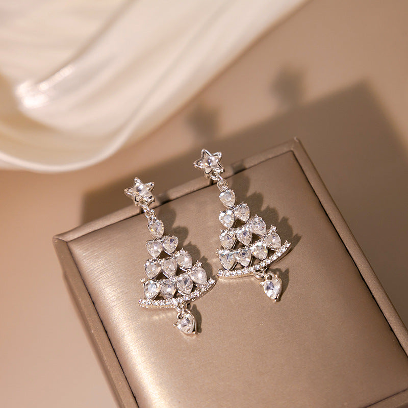 Cartoon Rhinestone Christmas Tree Earrings Holiday Gift