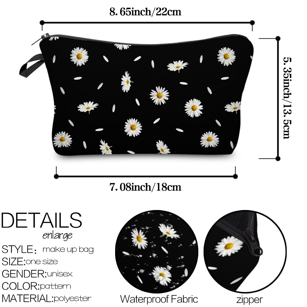 Daisy Print Zipper Makeup Bag Waterproof Purse Toiletry Bag Travel Accessories