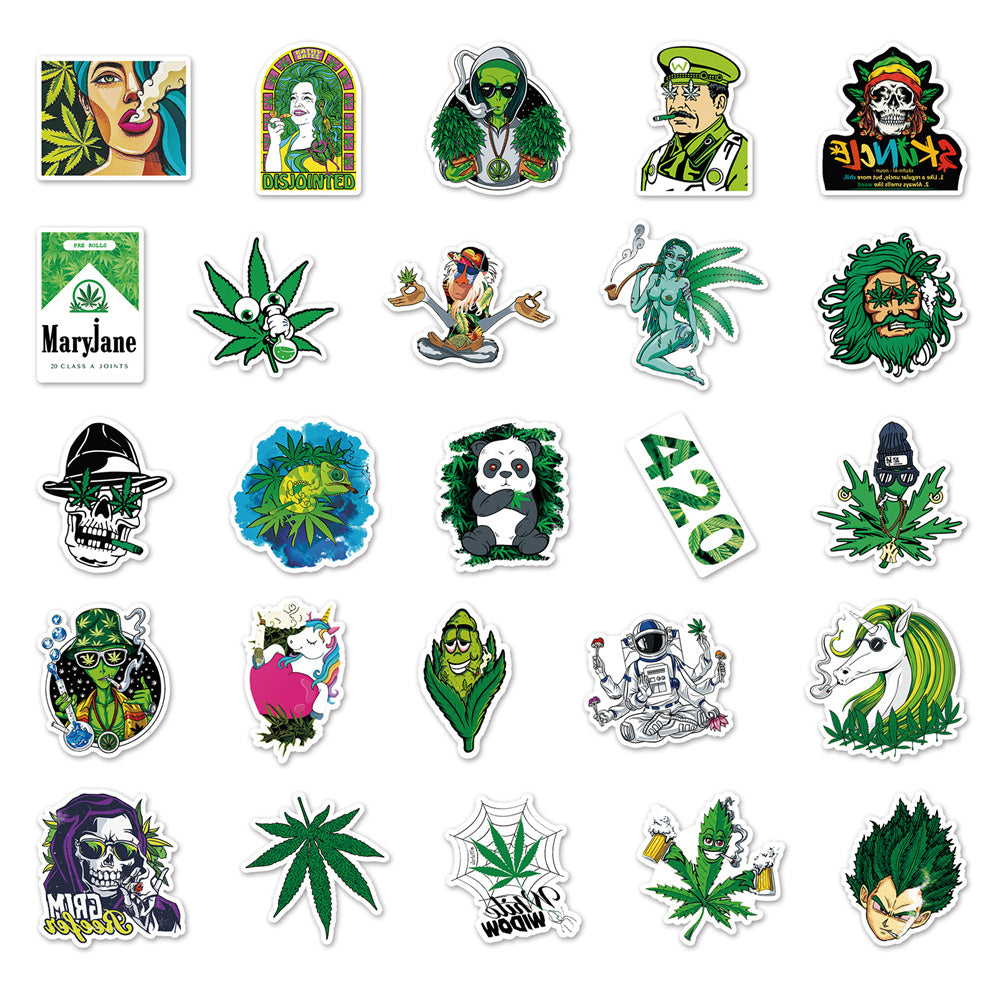 50PCS Weed Leaves Spoof Characters Waterproof Graffiti Stickers