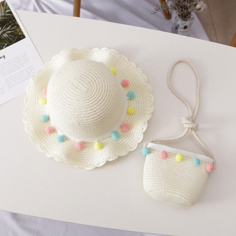 Girls Straw Sun Hat & Bag Set Lightweight Sunscreen Cap