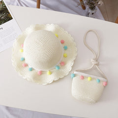 Girls Straw Sun Hat & Bag Set Lightweight Sunscreen Cap