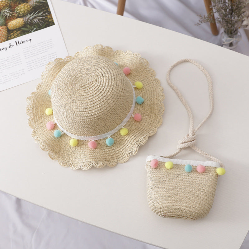 Girls Straw Sun Hat & Bag Set Lightweight Sunscreen Cap