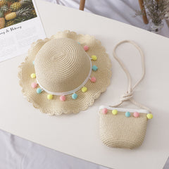 Girls Straw Sun Hat & Bag Set Lightweight Sunscreen Cap