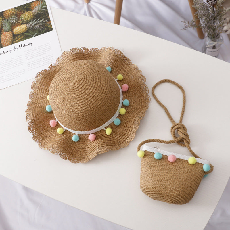 Girls Straw Sun Hat & Bag Set Lightweight Sunscreen Cap