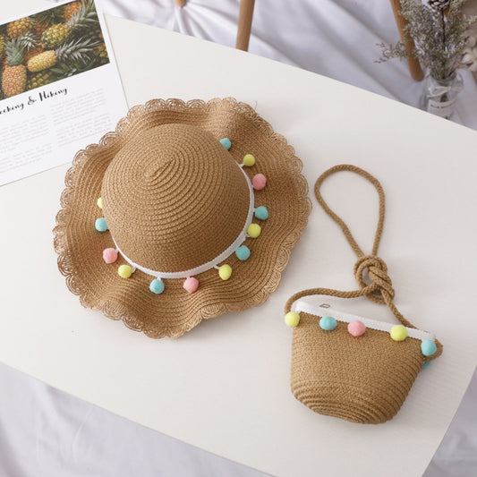 Girls Straw Sun Hat & Bag Set Lightweight Sunscreen Cap