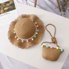 Girls Straw Sun Hat & Bag Set Lightweight Sunscreen Cap