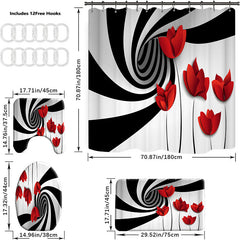 4pcs Flower Pattern Shower Curtain Set with Non Slip Bathroom Rug