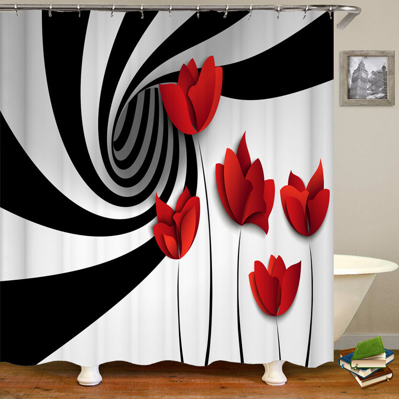 4pcs Flower Pattern Shower Curtain Set with Non Slip Bathroom Rug