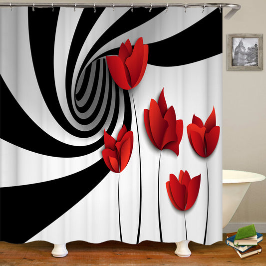 4pcs Flower Pattern Shower Curtain Set with Non Slip Bathroom Rug