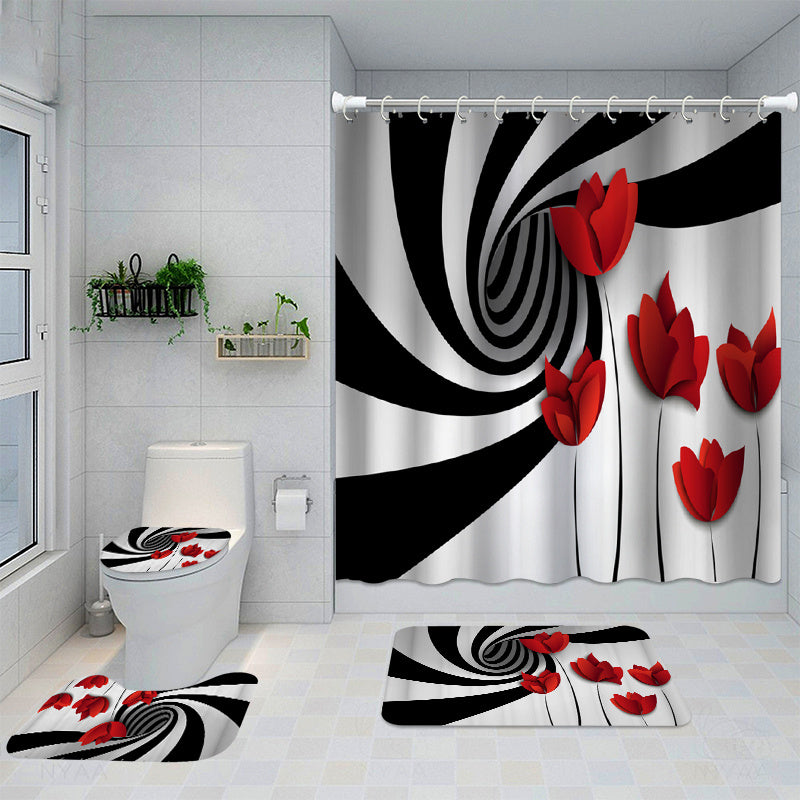 4pcs Flower Pattern Shower Curtain Set with Non Slip Bathroom Rug