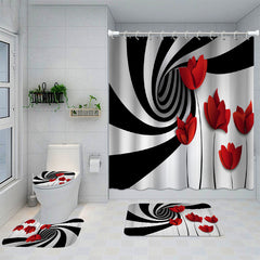 4pcs Flower Pattern Shower Curtain Set with Non Slip Bathroom Rug