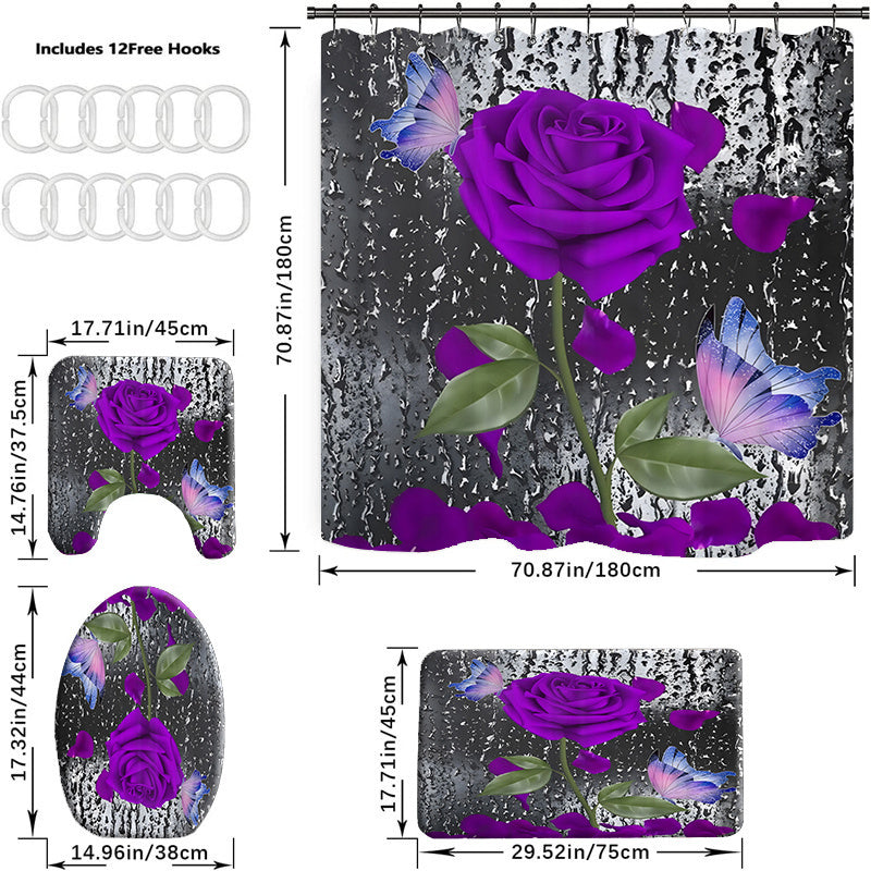 4pcs Purple Rose Pattern Waterproof Shower Curtain Set