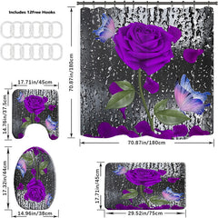 4pcs Purple Rose Pattern Waterproof Shower Curtain Set