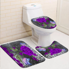4pcs Purple Rose Pattern Waterproof Shower Curtain Set