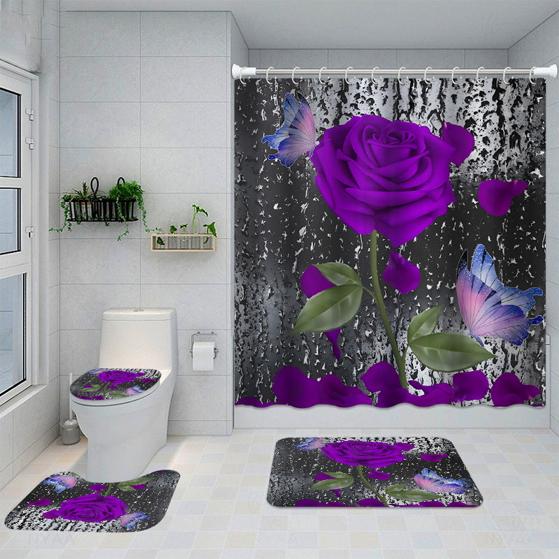 4pcs Purple Rose Pattern Waterproof Shower Curtain Set