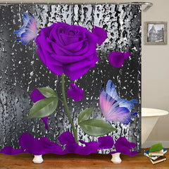 4pcs Purple Rose Pattern Waterproof Shower Curtain Set