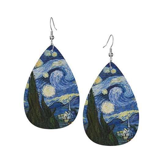 Van Gogh Teardrop Dangle Earrings PU Leather Ethnic Style
