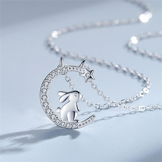 Cartoon Rabbit Moon Pendant Necklace - Holiday Birthday Gift