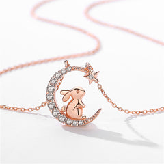 Cartoon Rabbit Moon Pendant Necklace - Holiday Birthday Gift