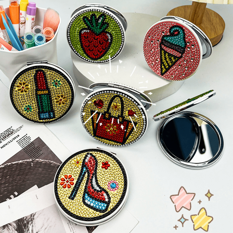 Crystal Strawberry Pattern Mirror Compact Mirror for Travel Camping Home Use