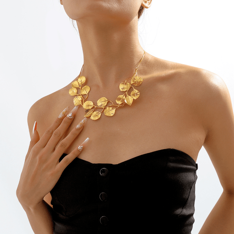 Stylish Metal Leaf Necklace in Silvery Golden Women Accessory
