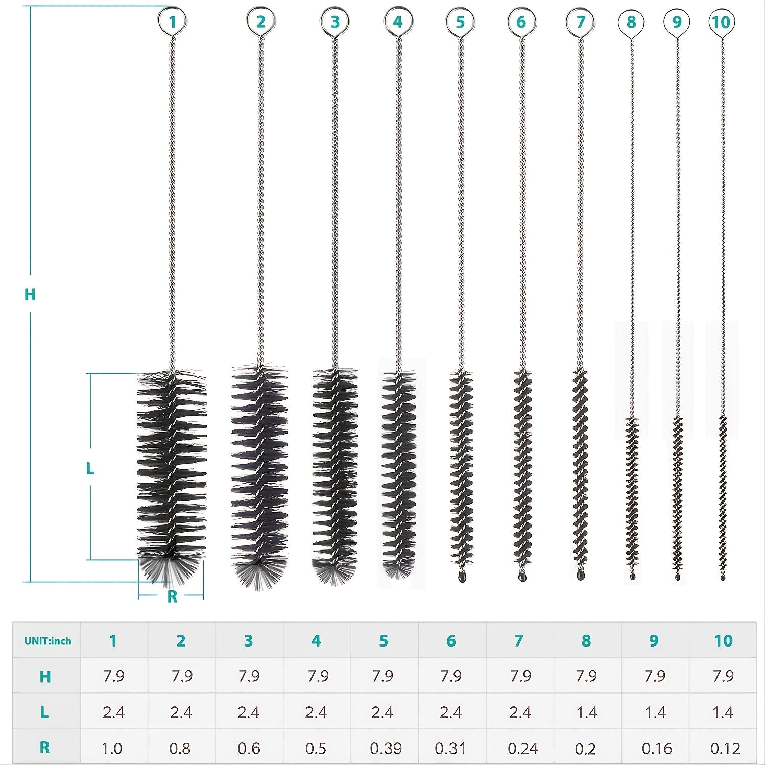 10pcs Stainless Steel Bottle Brushes Straw Cleaning Brush