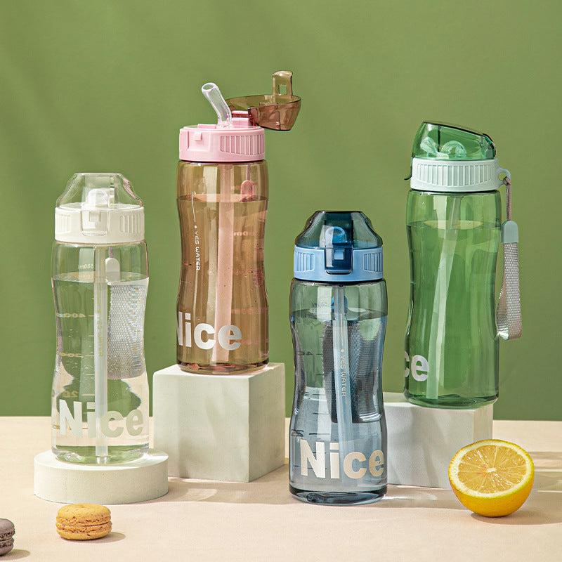 Leakproof Sports Water Bottle with Straw and Scale for Fitness Hiking