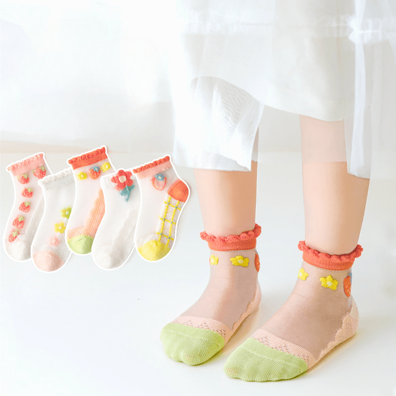 5 Pairs Girls Floral Ankle Socks Mesh Breathable Sport Socks Kids Toddlers