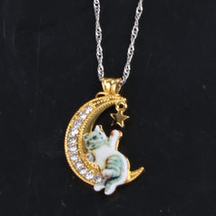 Cartoon Cat Moon Pendant Necklace for Girls