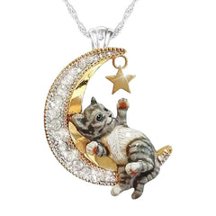 Cartoon Cat Moon Pendant Necklace for Girls