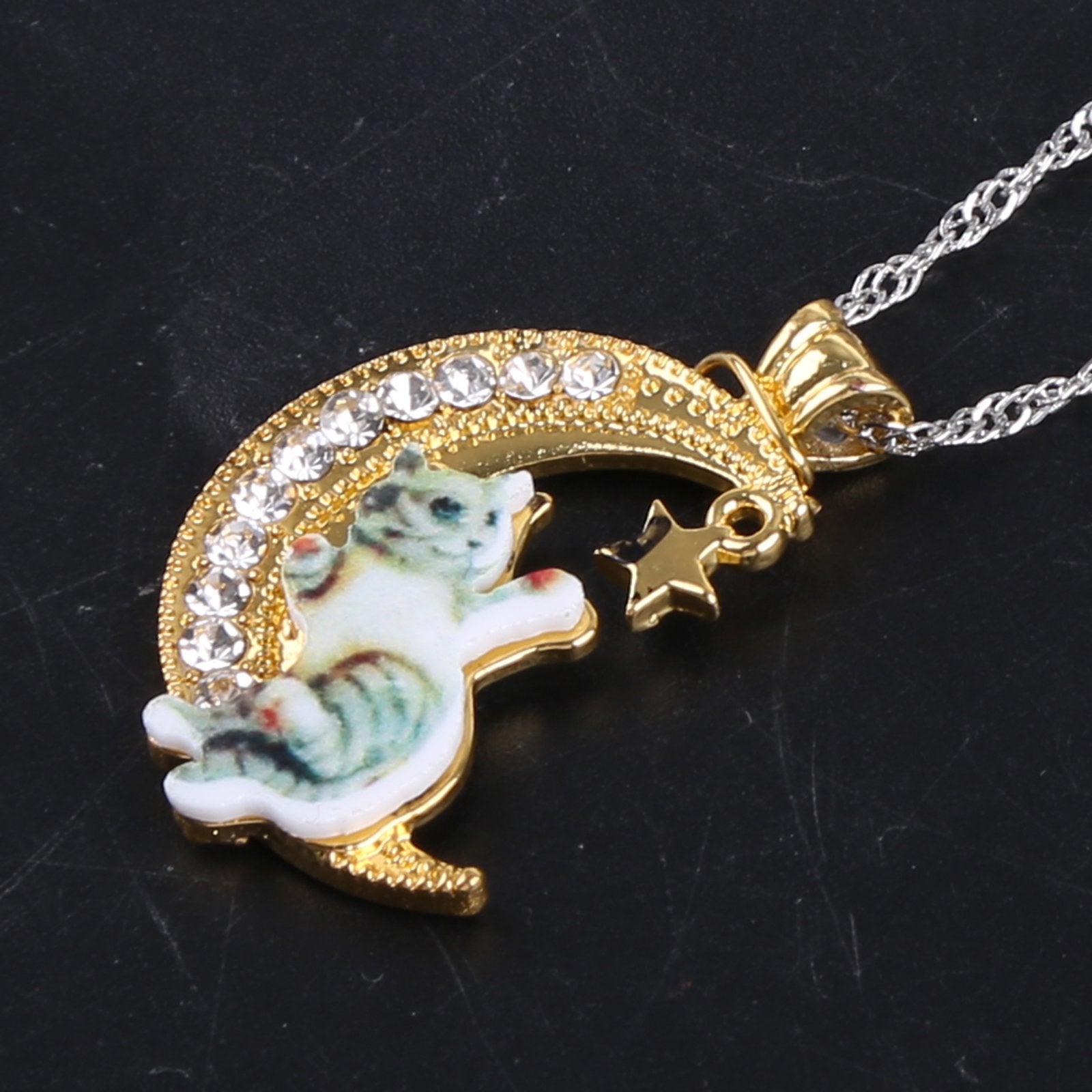 Cartoon Cat Moon Pendant Necklace for Girls