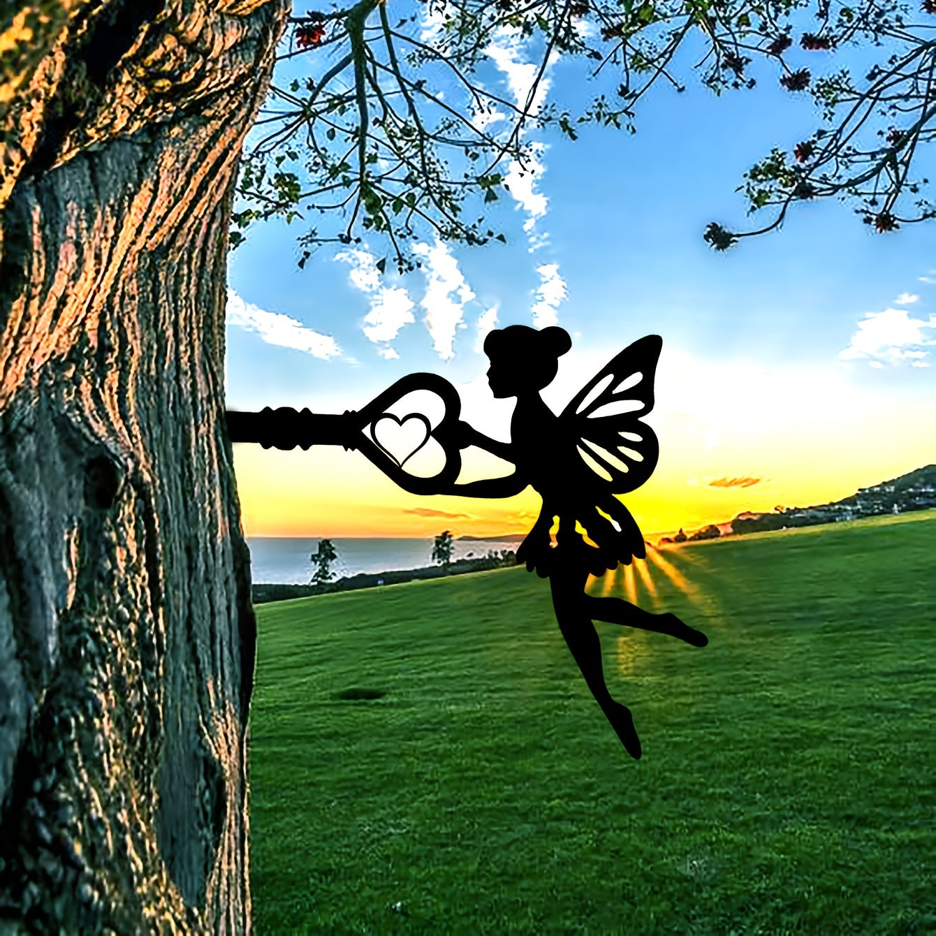 Fairy Silhouette Statue Garden Fairy With Key Shape Stakes Metal Elf Ornament