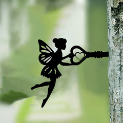 Fairy Silhouette Statue Garden Fairy With Key Shape Stakes Metal Elf Ornament