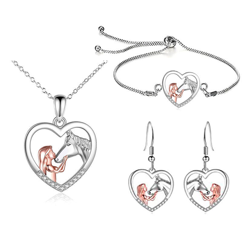 Girl & Horses Double Pendant Necklace Earrings Bracelet Set