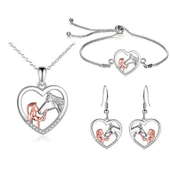 Girl & Horses Double Pendant Necklace Earrings Bracelet Set