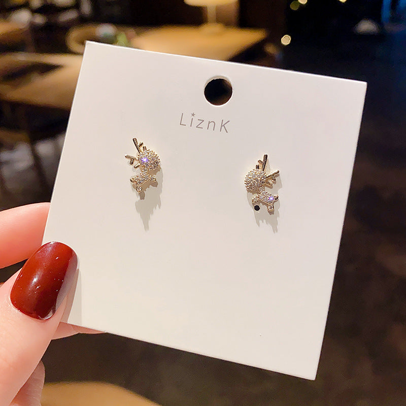 Cartoon Elk Zircon Stud Earrings for Girls Party