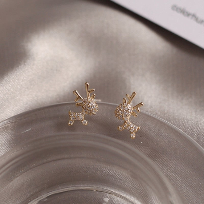 Cartoon Elk Zircon Stud Earrings for Girls Party