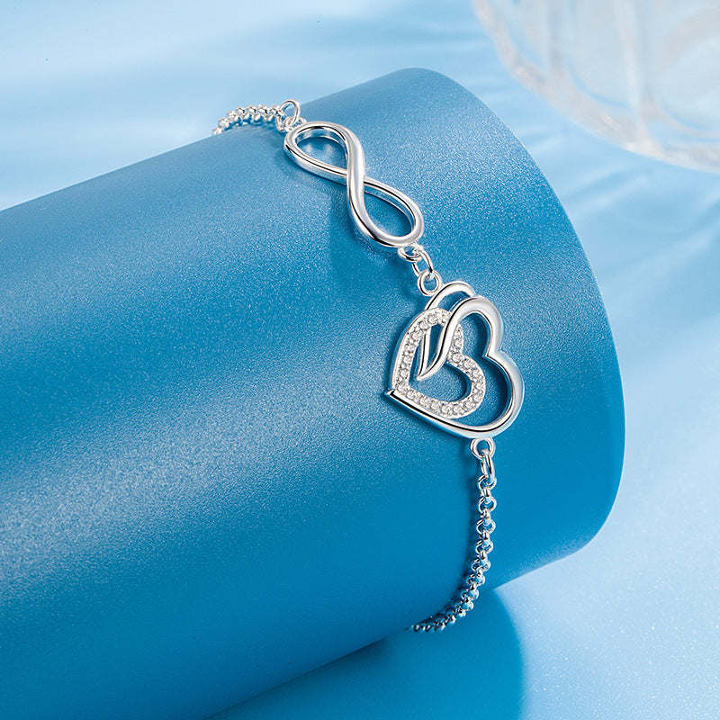 Heart Copper Silver Plated Zircon Bracelet Holiday Gift For Girls