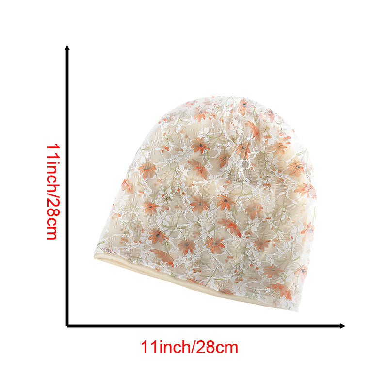 Yellow Floral Lace Beige Beanies Soft Baggy Slouchy Beanie Hat