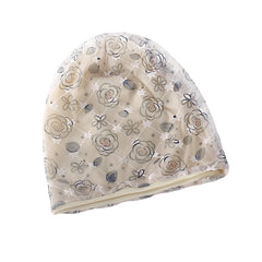 Beige Lace Flower Beanies Soft Baggy Slouchy Beanie Hat