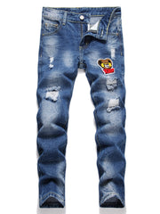 Boys Bear Print Ripped Jeans Skinny Slim Fit Washed Denim Long Pants