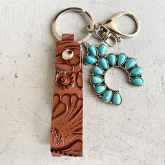 Vintage Western PU Leather Turquoise Pumpkin Flower Cross Keychain