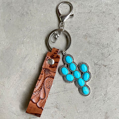 Vintage Western PU Leather Turquoise Pumpkin Flower Cross Keychain