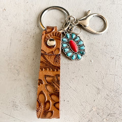 Vintage Western PU Leather Turquoise Pumpkin Flower Cross Keychain