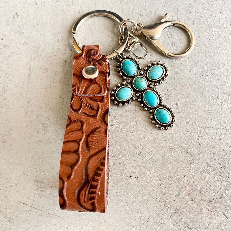 Vintage Western PU Leather Turquoise Pumpkin Flower Cross Keychain