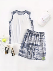 Boys Summer Mesh Outfit Camo Shorts & Vest Kids 2pcs Suit