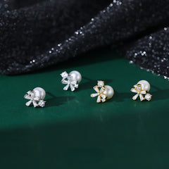 Sweet Zircon Flower Faux Pearl Stud Earrings