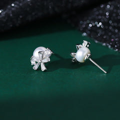 Sweet Zircon Flower Faux Pearl Stud Earrings